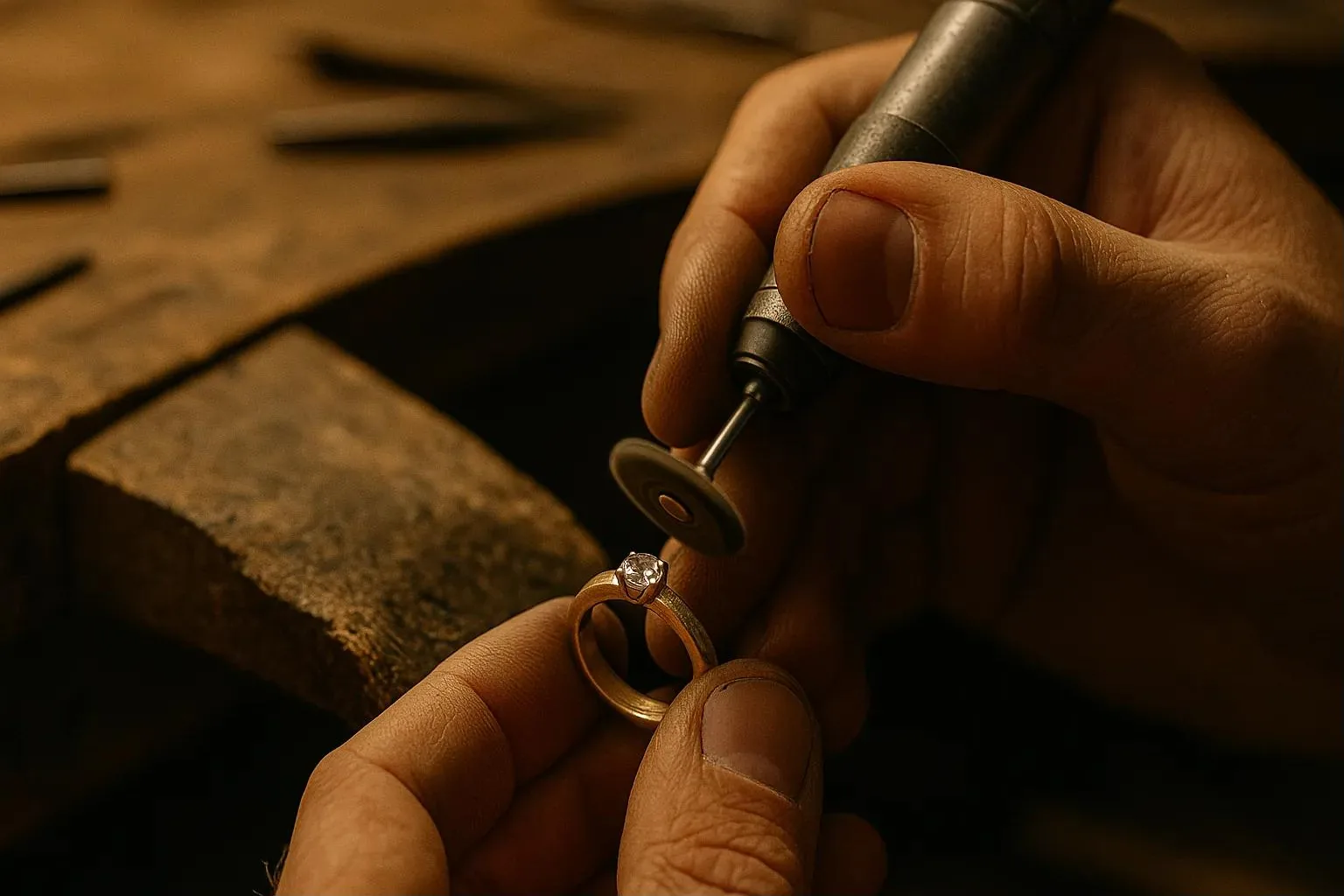 Le mani dell'orafo rifiniscono un anello con brillante al banco di lavoro